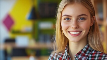 Smiling Young Female Software Developer in Casual Plaid Shirt in Modern Tech Office