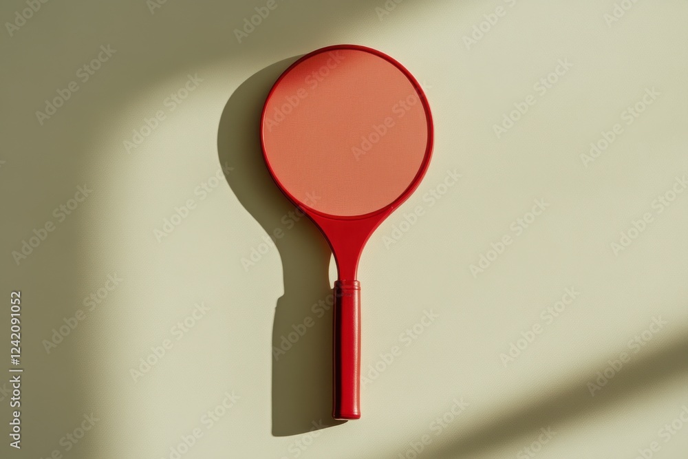 Poster flat lay of a red racket against a soft cream background with neutral lighting, capturing a modern a