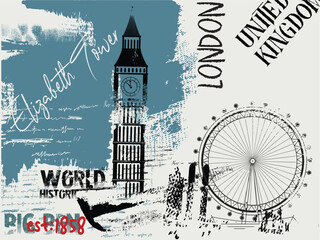 illustration of world historic buildings in  London, hand drawn illustration of Big Ben, Urban  typography art, t shirt graphics print Elizabeth Tower illustration.eps
