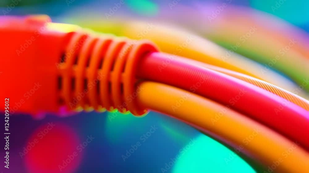 Poster network ethernet cable close up with colorful bokeh background for world technology day, data privac