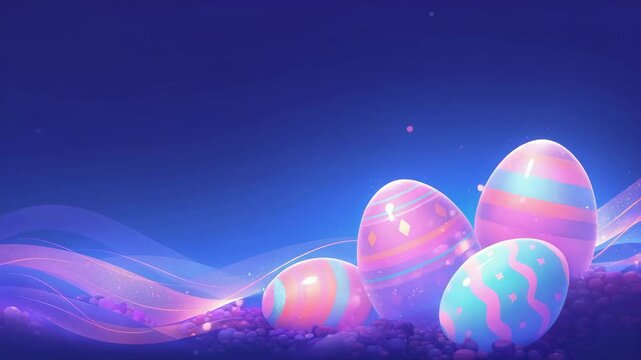 Magical glowing Easter eggs floating on cosmic blue waves with sparkling stars. Abstract holiday animation for Easter celebration, Spring equinox, Paschal blessing, religious festival
