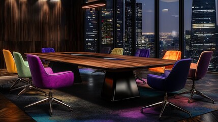 Modern Boardroom with Sleek Wood Table, Vibrant Chairs, Matte Accent Wall & City View – Photorealistic 3D Render