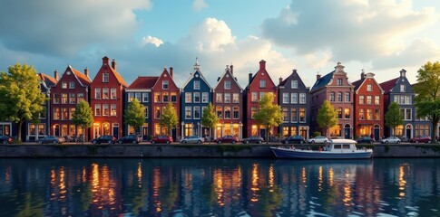 Obraz premium Dancing houses along Amstel River, Amsterdam skyline, tourism, light