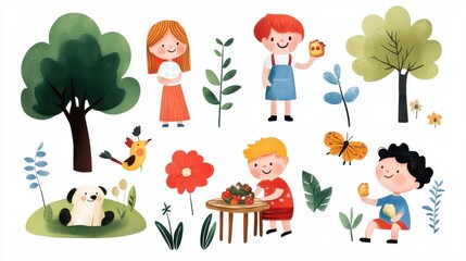Obraz premium Colorful Illustrations of Children, Nature, and Playful Animals