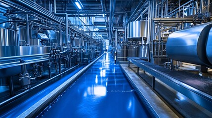 Obraz premium Blue toned image showing the interior of a modern beer factory with stainless steel tanks