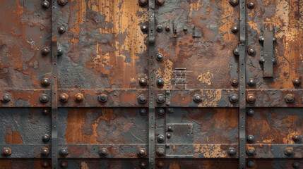Corroded sturdy metal door with screws showing rust and decaying texture