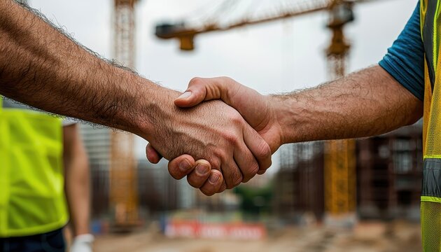 Construction worker team hands shaking at construction site concept. Two construction workers shake hands on a building site symbolizing partnership.