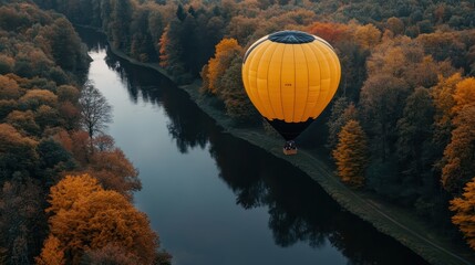 Obraz premium Colorful Hot Air Balloon Over Autumn Forest and Reflective River