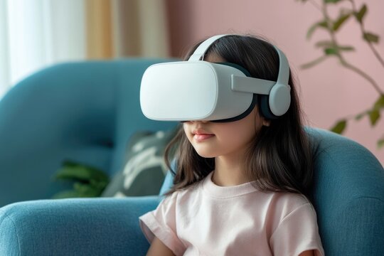 A young girl enjoys an immersive virtual reality experience, wearing a headset comfortably.