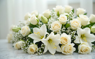 Funeral wreath with white roses and lilies on a marble background