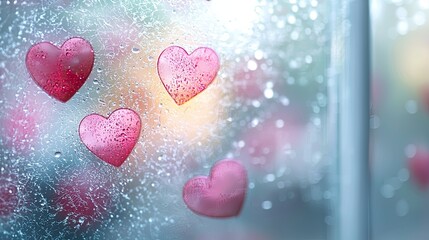 Obraz premium Raindrops on window with heart shapes creating a romantic atmosphere on a rainy day