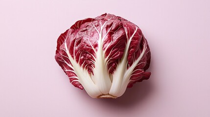 Obraz premium Freshly harvested red radicchio placed on a pastel pink background highlighting its vibrant colors and intricate leaf patterns