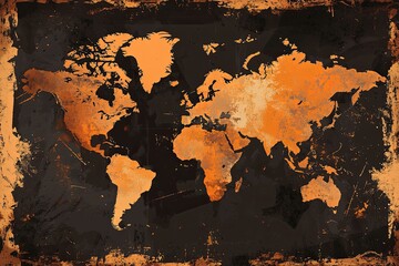  Antique world map illustration with grunge texture on vintage parchment background for travel and history themes