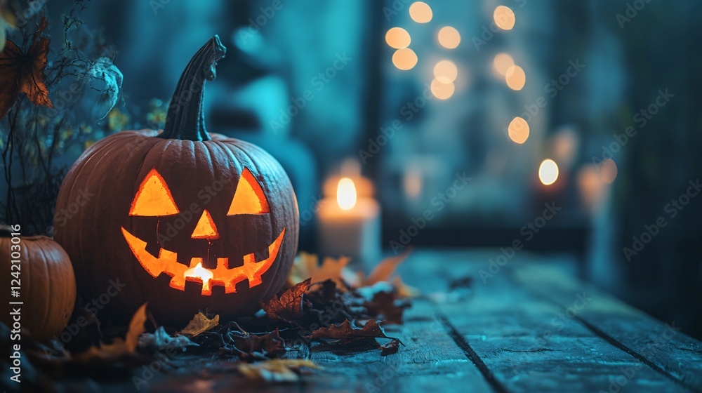 Aufkleber rustic wooden table with halloween pumpkin glowing and bokeh lights in the background