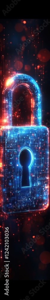 Poster glowing digital padlock with blue and red lights against a dark background. the lock is composed of 