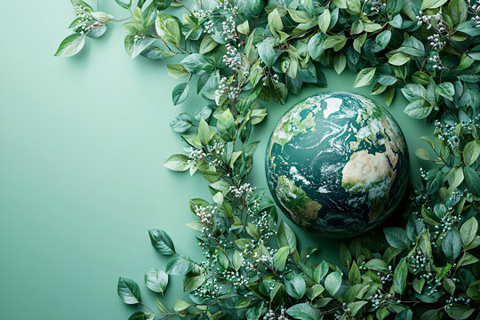 Flat minimalist Earth Icon with green aura and leaf accents &ndash; Clean white space wallpaper