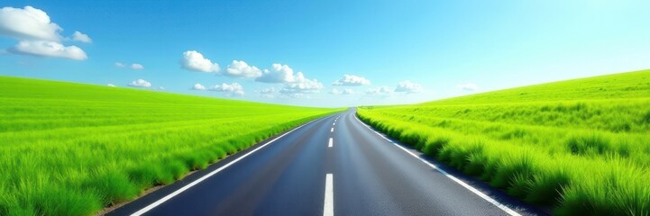 Fototapeta premium Endless asphalt road cuts through vibrant green summer fields under clear blue sky , way, winding road