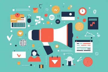 Creative Team Collaboration in a Modern Workspace: A Flat Illustration Featuring Soft Gradients and Engaging Campaign Elements for Effective Communication