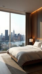 Minimalist bedroom, wooden accents, panoramic city window, urban living, elegant