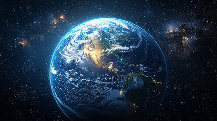 Fototapeta premium Earth from Space with blue oceans and green continents – cosmic glow with stars background