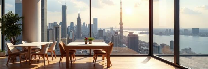 Fototapeta premium Bright minimalist dining area, wooden floor, cityscape backdrop, home decor, skyscraper