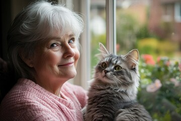 A senior woman with silver hair smiles gently while holding her fluffy gray cat by a window.