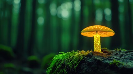 Fototapeta premium Glowing Mushroom in Forest with Soft Green Background