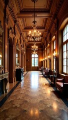 Fototapeta premium Ornate wooden parquet hall with chandeliers, mirrors, and intricate carvings, opulent style, sophisticated design, elegant decor