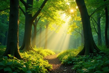 Obraz premium Golden sunlight streams through emerald canopy, illuminating dappled forest floor, calm, green
