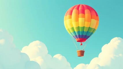 Naklejka premium Rainbow cartoon air balloon transport in the sky, copy space