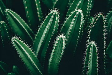 Fototapeta premium Lush green cacti garden, dark background, nature texture, design element