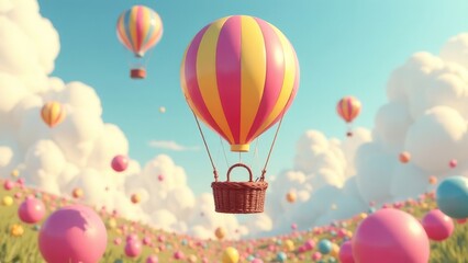 Naklejka premium Easter eggs in a basket of colorful hot air balloon flying in the sky, copy space