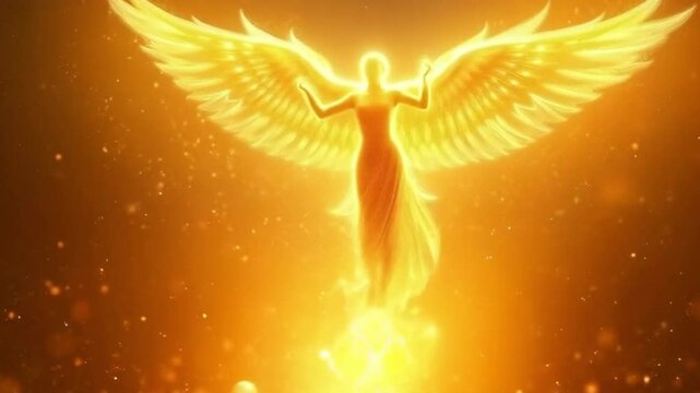 angel with wings A divine being with shimmering golden wings adorned with ethereal ribbons of light guides souls through the infinite expanse of the astral realm.