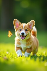Playful Corgi puppy chasing butterfly in meadow, fun, outdoors, corgi