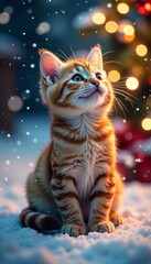Playful feline amidst snowflakes and twinkle lights, playful, winter scenery, feline