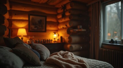 A Bed With a Blanket and Pillows in a Log Cabin - Generative AI
