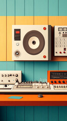 Obraz premium A vibrant music studio setup featuring retro equipment and colorful panels, perfect for producing and mixing sound.