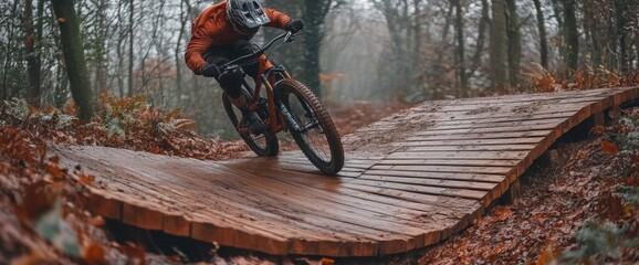 Male Mountain Biker in Orange Jacket Riding on Muddy Wooden Trail in Forest