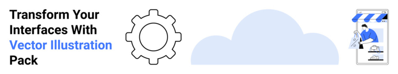 Gear alongside a cloud and a storefront icon representing digital tools and online solutions. Ideal for technology, cloud computing, e-commerce, business strategy, data systems, innovation, flat