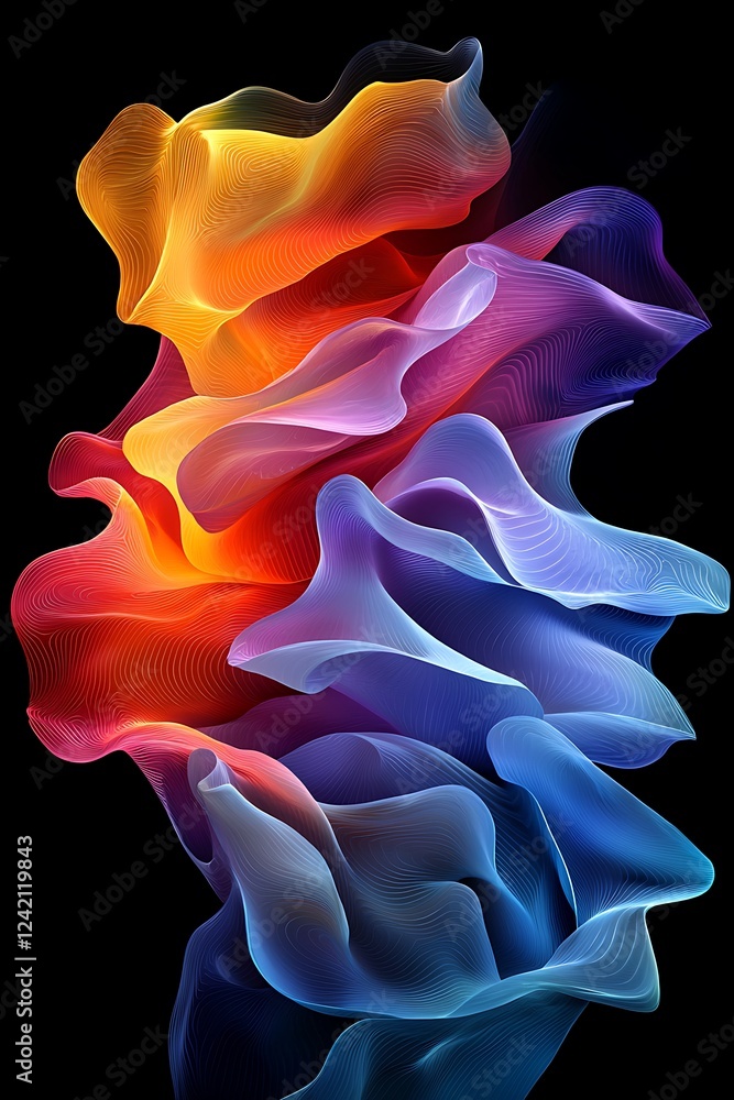 Poster a dark and vibrant colorful wavy abstraction on a black background, with layers that suggest a dynam