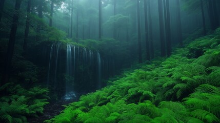 Fototapeta premium Serene waterfall cascading through lush ferns in enchanting forest nature photography tranquil atmosphere