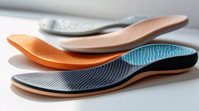 Variety of orthopedic insoles arranged on a white background