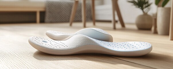 Modern orthopedic shoe insoles with ventilation holes lying on wooden floor at home