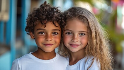 Two young children, a boy with curly brown hair and a girl with long blonde curly hair, smiling warmly at the camera. They are wearing plain white shirts and are close together, suggesting friendship
