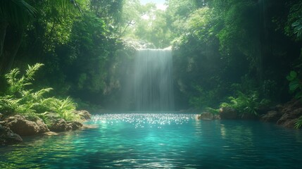 Obraz premium Majestic waterfall cascading into lush jungle pool tropical paradise nature photography serene environment aerial view