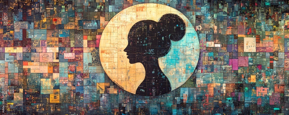 Poster Woman silhouette emerging from a colorful digital abstract background representing artificial intelligence concept