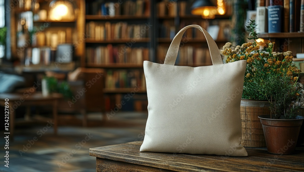 Poster off-white tote bag with a pixelated pattern sits on a rustic wooden surface. the bag is subtly illum