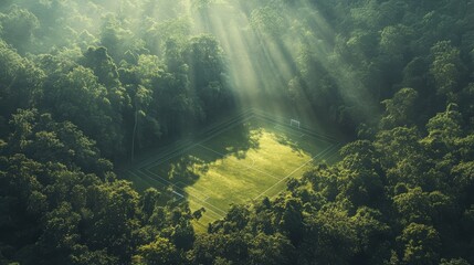 Lush Green Forest Surrounding a tranquil Soccer Field in Nature