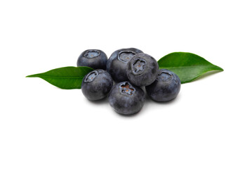 fresh blueberries with green leaves on white background