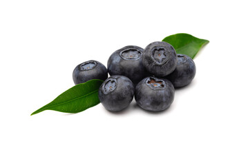 fresh blueberries with green leaves on white background